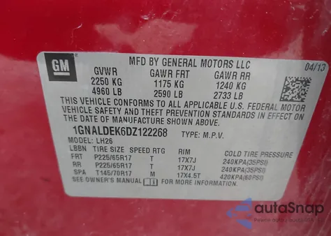 2013 Chevrolet Equinox 1Lt из США, поврежденный, VIN 1GNALDEK6DZ122268